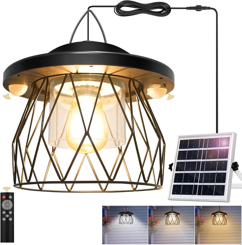 ladate Shed Light Solar Powered, 2 Motion Sensor Lights Outdoor with Remote, Unique Diamond Design Metal Frame Hanging Lantern with Timer, Gazebo Lights for Patio Barn Garage Shop - Image 1